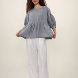 100% Linen Gingham Lantern Sleeve Peplum Blouse