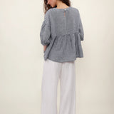 100% Linen Gingham Lantern Sleeve Peplum Blouse