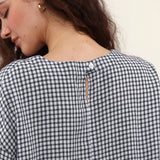 100% Linen Gingham Lantern Sleeve Peplum Blouse