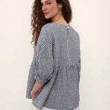 100% Linen Gingham Lantern Sleeve Peplum Blouse