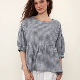 100% Linen Gingham Lantern Sleeve Peplum Blouse