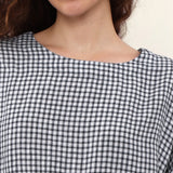 100% Linen Gingham Lantern Sleeve Peplum Blouse