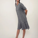 100% Linen Gingham V-neck Ruffle Hem Maxi Dress