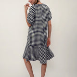 100% Linen Gingham V-neck Ruffle Hem Maxi Dress