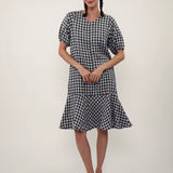100% Linen Gingham V-neck Ruffle Hem Maxi Dress