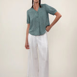 100% Linen Gingham V-neck SHort Sleeve Blouse