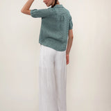 100% Linen Gingham V-neck SHort Sleeve Blouse