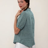 100% Linen Gingham V-neck SHort Sleeve Blouse