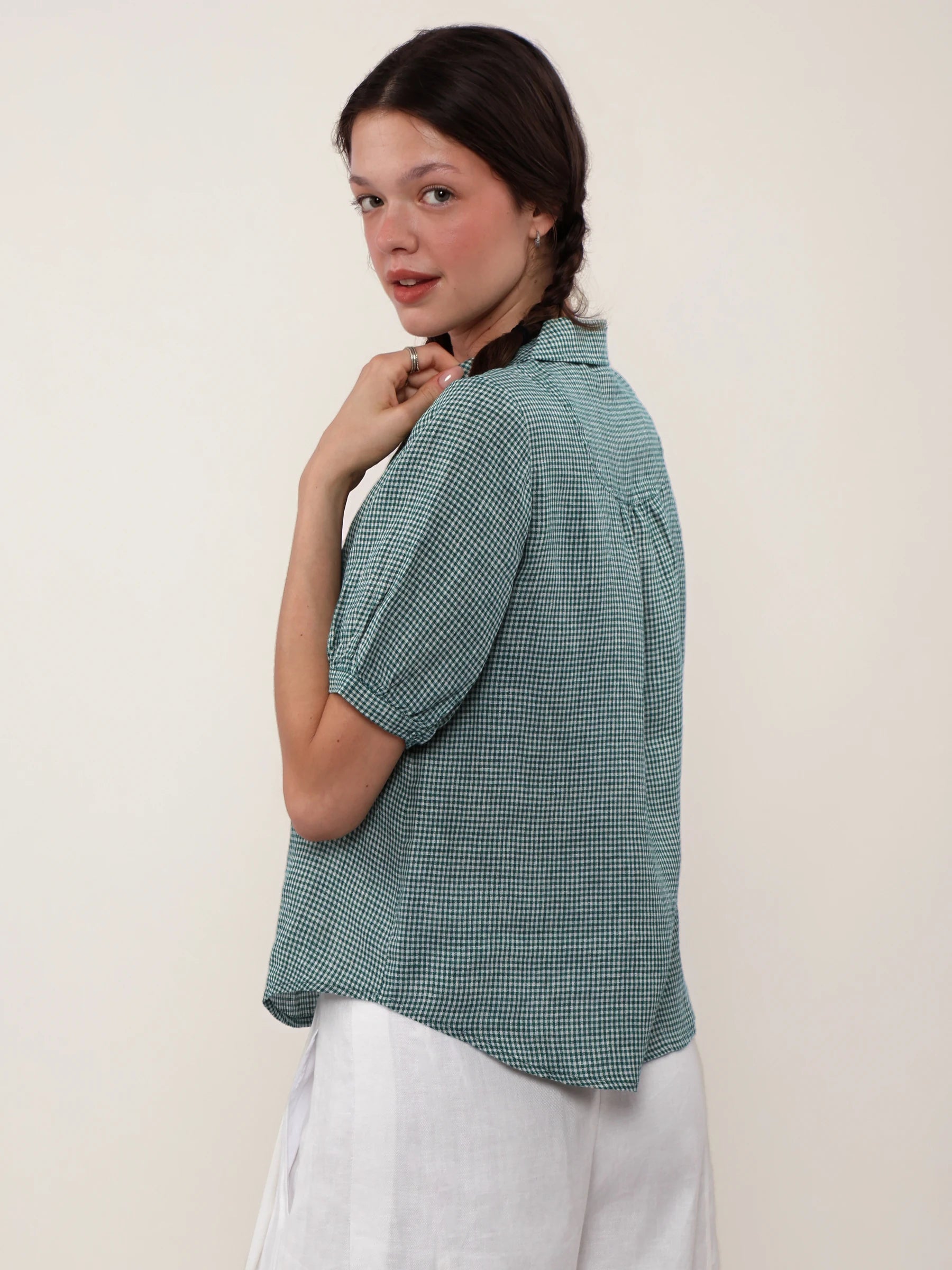 100% Linen Gingham V-neck SHort Sleeve Blouse