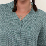 100% Linen Gingham V-neck SHort Sleeve Blouse