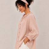 100% Linen Handmade Flower Button Front Relaxed Top