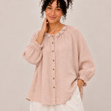 100% Linen Handmade Flower Button Front Relaxed Top