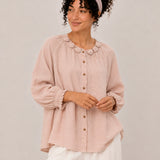 100% Linen Handmade Flower Button Front Relaxed Top