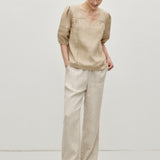 100% Linen Elastic Drawstring Straight Leg Pants