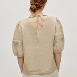 100% Linen Heavy-Embroidered V-neck Puff Sleeve Blouse
