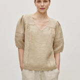 100% Linen Heavy-Embroidered V-neck Puff Sleeve Blouse