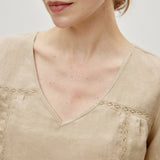 100% Linen Heavy-Embroidered V-neck Puff Sleeve Blouse