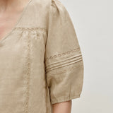 100% Linen Heavy-Embroidered V-neck Puff Sleeve Blouse