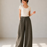 100% Linen High-Waisted Curved-Leg Pants