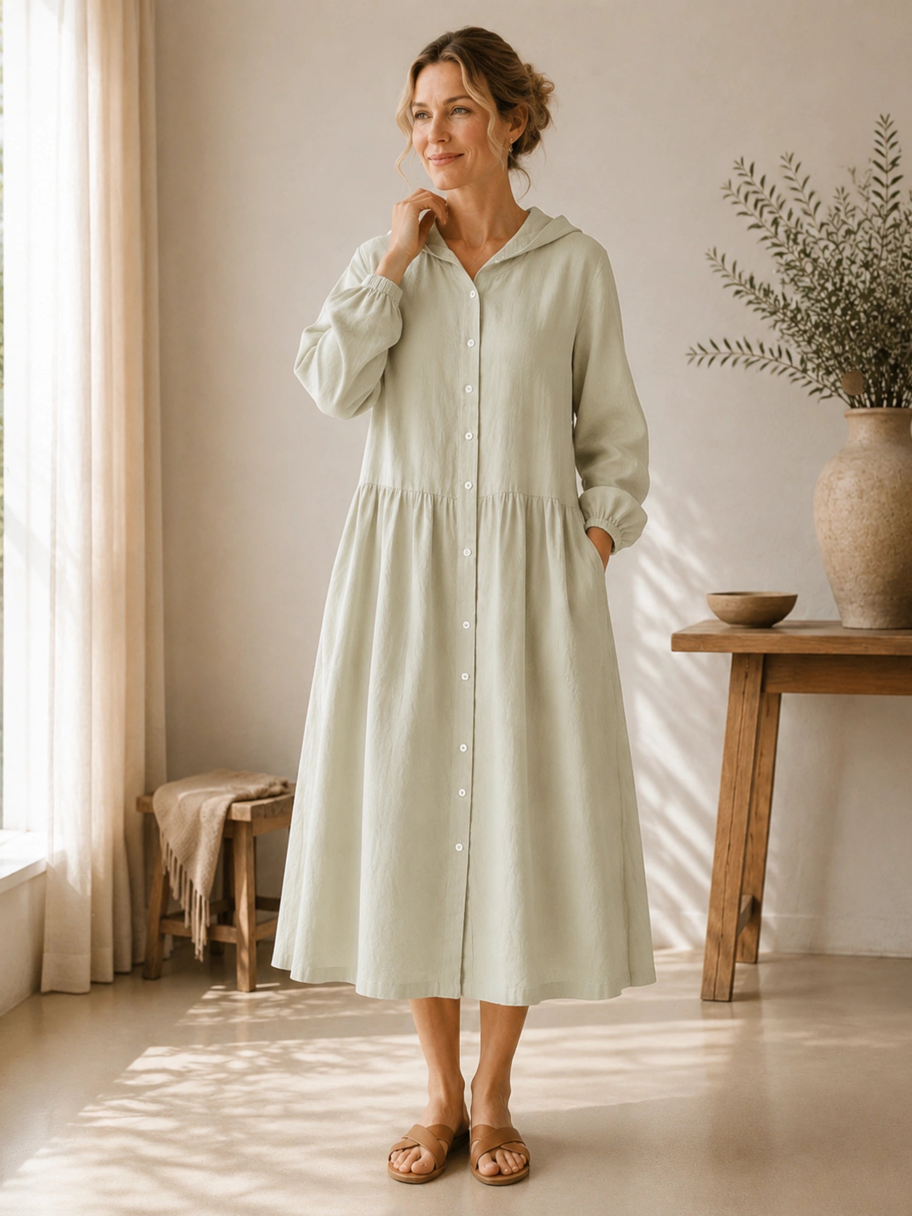 100% Linen Hooded Long Sleeve Maxi Dress