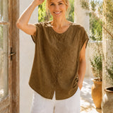 100% Linen Jacquard Cap Sleeve Blouse