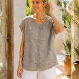 100% Linen Jacquard Cap Sleeve Blouse