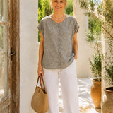 100% Linen Jacquard Cap Sleeve Blouse