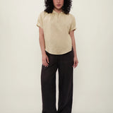 100% Linen Keyhole Neck Puff Sleeve Blouse