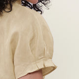 100% Linen Keyhole Neck Puff Sleeve Blouse