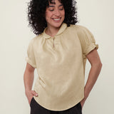 100% Linen Keyhole Neck Puff Sleeve Blouse