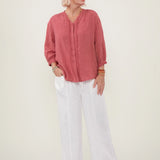 100% Linen Lace Tie Button Down Blouse