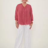 100% Linen Lace Tie Button Down Blouse