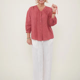 100% Linen Lace Tie Button Down Blouse