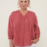 100% Linen Lace Tie Button Down Blouse