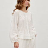 100% Linen Lace Trim Pintuck Peasant Top
