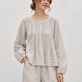 100% Linen Lace Trim Pintuck Peasant Top