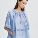 100% Linen Lace Trim Tie-Neck Blouse