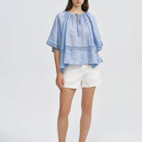100% Linen Lace Trim Tie-Neck Blouse