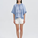 100% Linen Lace Trim Tie-Neck Blouse