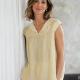 100% Linen Lapel Collar Cap Sleeve Blouse