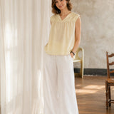 100% Linen Lapel Collar Cap Sleeve Blouse