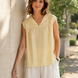 100% Linen Lapel Collar Cap Sleeve Blouse