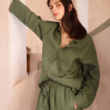 100% Linen Lapel Collar Full Button Long Sleeve Shirt