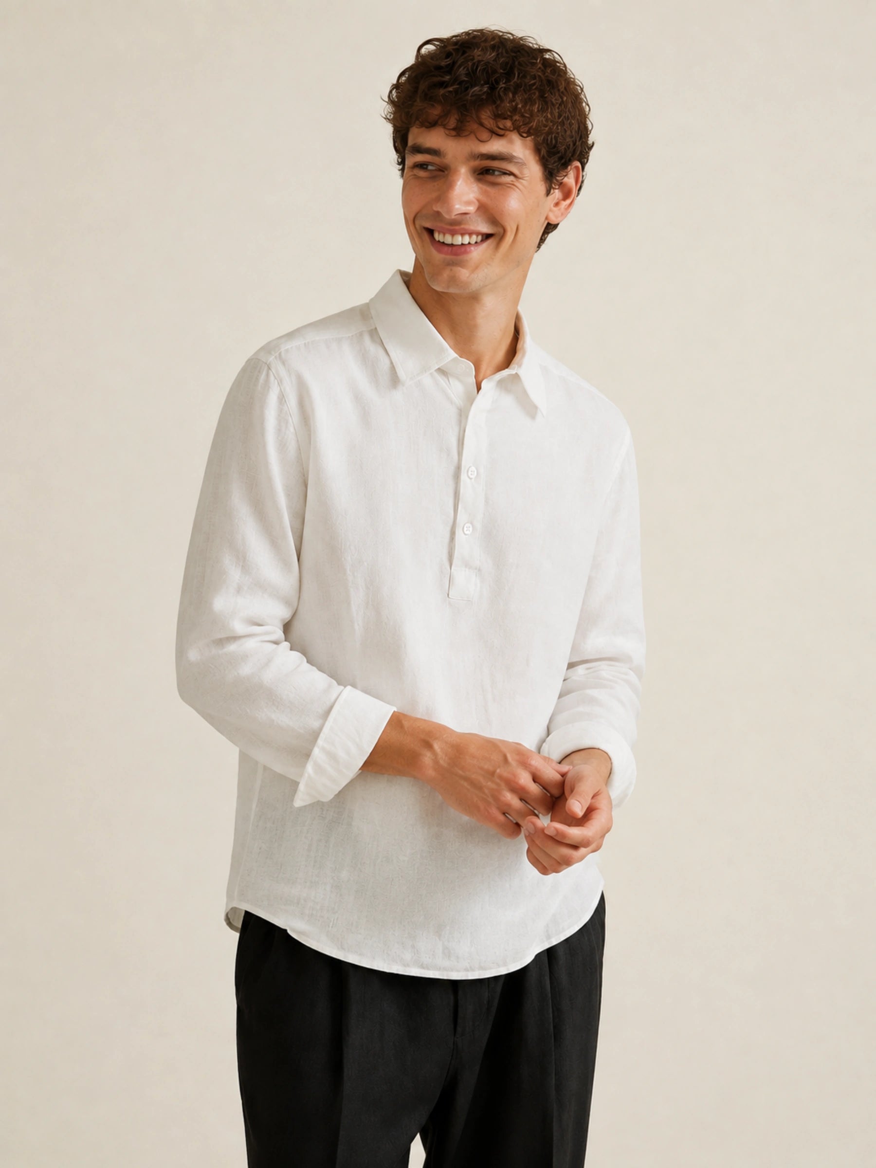 100% Linen Long Sleeve Polo Shirt