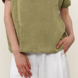 100% Linen Mandarin Collar Asymmetric Short Sleeve Blouse
