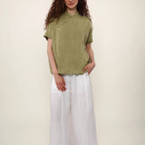 100% Linen Mandarin Collar Asymmetric Short Sleeve Blouse