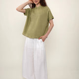 100% Linen Mandarin Collar Asymmetric Short Sleeve Blouse
