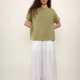 100% Linen Mandarin Collar Asymmetric Short Sleeve Blouse