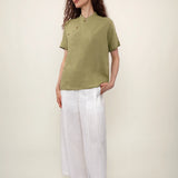 100% Linen Mandarin Collar Asymmetric Short Sleeve Blouse