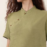 100% Linen Mandarin Collar Asymmetric Short Sleeve Blouse